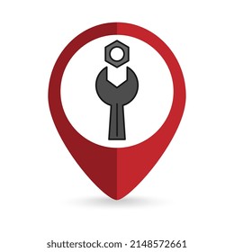 Rote Pin-Position mit Schlüssel im Inneren. Vektorgrafik.