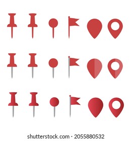 Red pin map marker. icon set, flat symbol of gps location, pointer and flag signs. eps 10
