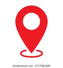 Marcador de pin rojo con sombra de anillo base. Símbolo de marcador de mapa GPS. Icono de mapa de Locación aislado en blanco. Icono de Vector para su uso en App de navegación, interfaces de seguimiento GPS, Sitios web de viaje, mapas de servicios de entrega e infografías inmobiliarias