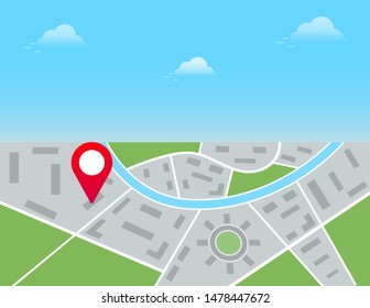 Red pin marker showing location on city map, gps navigation, route destination check point. Vector illustration
