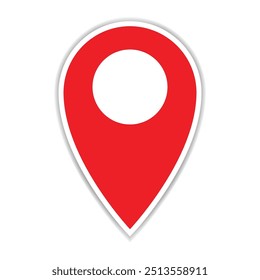 Red pin marker with white outline and shadow underneath. Location pointer icon isolated on white background