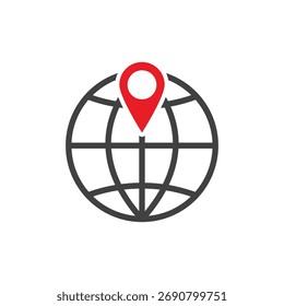 Red pin marks a location on a wireframe globe.