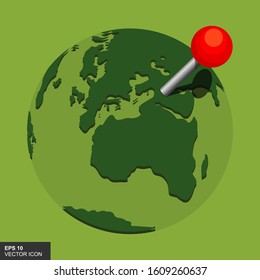 Red pin on the green globe. Vector illustration