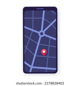 Red pin on street map. Night mode interface. Location settings on smartphone. GPS activation. Geolocation preferences. Find my position, navigator in electronic devices. Access for geoposition vector