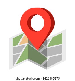 Red pin on unfolded paper map. Street roads in town. GPS navigation, travel guide, folded city map, tourism places, location point concept. Modern flat vector illustration.