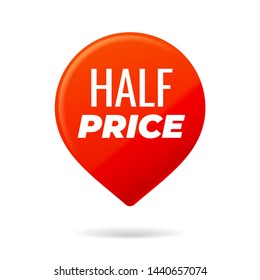 Red Pin on white background, half price - Vector Illustration