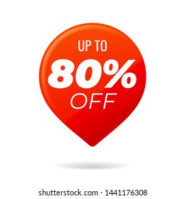 Red Pin on white background, up to 80 percent off - Vector Illustration