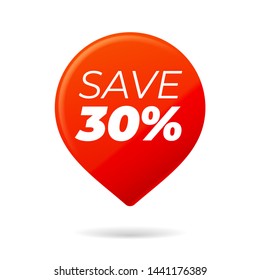 Red Pin on white background, save 30 percent - Vector Illustration
