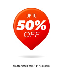 Red Pin on white background, up to 50 percent off - Vector Illustration