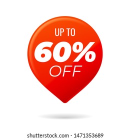 Red Pin on white background, up to 60 percent off - Vector Illustration