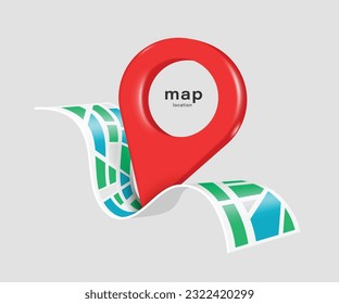 red pin is placed at destination of trip on a GPS map or map paper and all object floating in the air, vector 3d isolated on white background for travel, tourist attraction search, tourism promotion