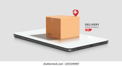 A red pin is placed on the brown parcel box or cardboard box and all plece on smartphone,vector 3d isolated on white background for logistics,delivery,transport and online shopping concept design