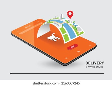 Red pin is placed on a GPS map to deliver parcels to customers. And all with the shopping cart icon and shopping icon pop up on smartphone screen,vector 3d for online shopping and delivery concept