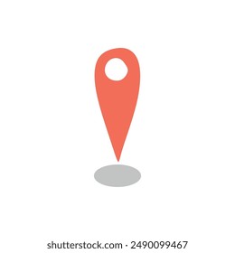 Red Pin point icon. Flat sign Map location pointer symbol isolated on white background. Cartoon Design Element with Shadow Under it. Navigation, Travel planning Graphic art for Web Button, Sticker.