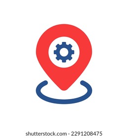 red pin point icon with gear wheel inside. flat simple trend modern logotype graphic design web element isolated on white background. concept of tech company badge or manufactory destination