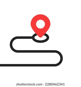 red pin point with route like we have moved icon. concept of right way to shop or store and new journey badge. flat line simple trend direction logotype graphic design web element isolated on white