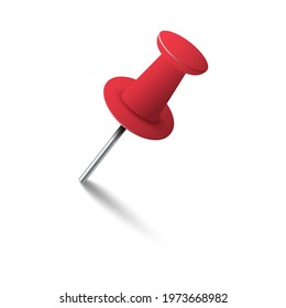 Red pin tack with shadow isolated on white background. Plastic paperwork and sewing accessory. 3d style design. Realistic thumbtack at an angle. Vector illustration
