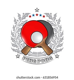 Red ping pong crossed rackets and ball in center of silver holy wreath on white. Sport logo for any team or championship
