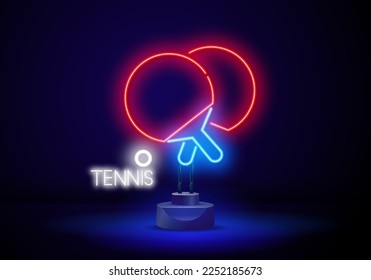 Red Ping Pong neon racket. Glowing neon light signboard of Table tennis. neon tennis icon. Vector illustration