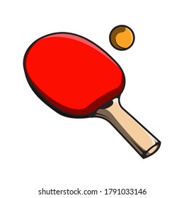 Red ping pong paddle with orange ball on white background