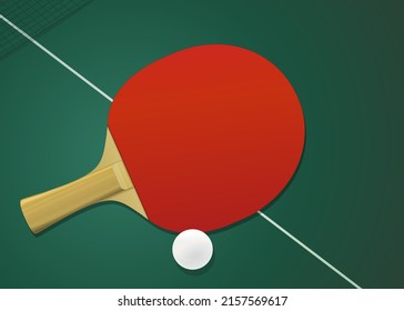 Red ping pong racket and a ping pong ball lying on a ping pong table