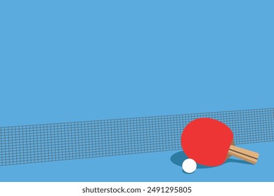 Red ping pong racket and ball on a blue background, poster, simple illustration, flat style, minimalism