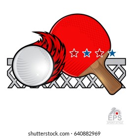 Red ping pong racket and ball with fire trail and net on white. Sport logo for any team or championship