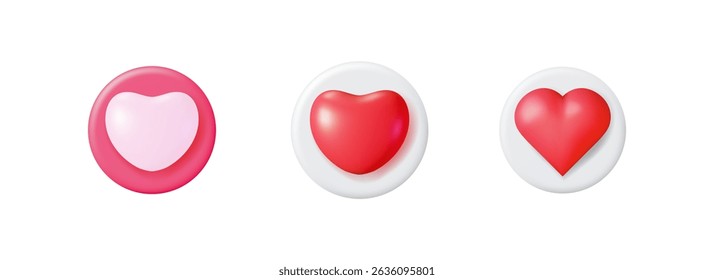 Red and pink 3d heart icon set for like, love and appreciation on social media. Modern button for online dating and Valentines Day graphic.