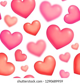 Red and pink 3D hearts on white background vector seamless pattern tile