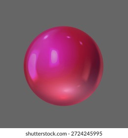 Red and pink 3D sphere with a glossy surface, highlights, and reflections, isolated on a gray background. Mineral stone, bead, drop, jewelry. Vector illustration. Geometric shape.
