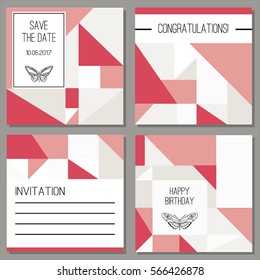 Red and Pink Abstract geometric composition. Wedding, birthday party invitation, greeting cards.  Set of artistic creative universal cards. Vector