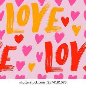 Red and pink abstract seamless chaotic pattern with words 'Love' and hearts. Grunge colourful background. Wallpaper for girls. Seamless pattern grung lettering dry brush stroke Love. Vector love.