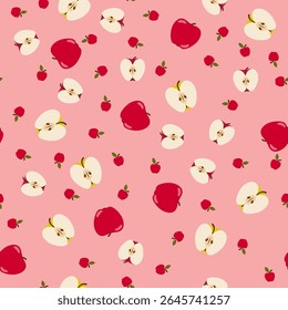 Red and Pink Apples and Apple Halves on Pink Background Tossed Around. Seamless Pattern Design