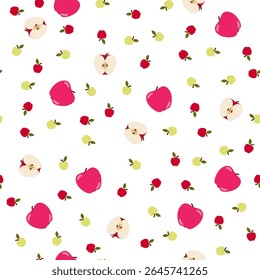 Red and Pink Apples and Apple Halves Tossed Around. Seamless Pattern Design