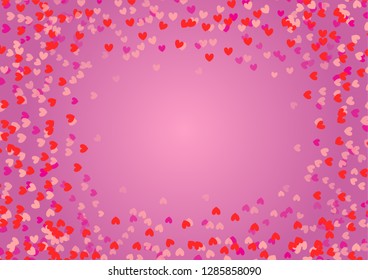 Red pink background with scattered hearts of different sizes. Frame with free copy space. Vector illustration that can be used during holidays or on card, invitation. Flying border with love elements.