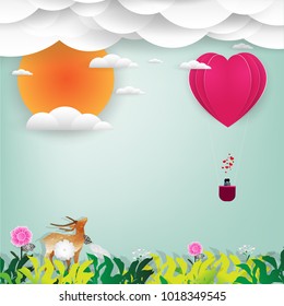 red and pink Balloon hearts paper with Lover on blue sky background with Women and men  for Design ,Valentine's day,spring summer collection, landscape, Vector illustration eps 10
