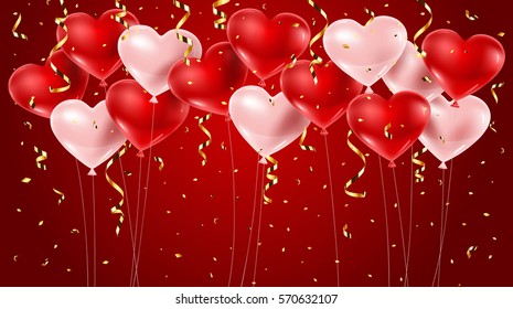 Red and pink balloons with confetti on red background. Vector illustration