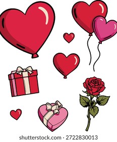 Globos rojos y rosados flotan en el aire junto a corazones de varios tamaños. Destaca una caja de regalo roja con una cinta blanca, mientras que una caja rosa en forma de corazón con una cinta a juego se suma a la escena. Una sola rosa se sienta entre los artículos, simbolizando el amor. Estos Elementos se utilizan comúnmente para celebraciones o eventos centrados en el amor, como el Día de San Valentín o aniversarios. Los colores y las Formas crean una atmósfera vibrante.