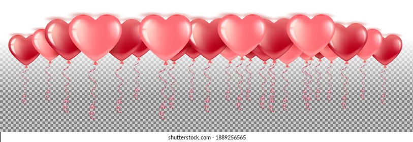 Red and pink balloons hang from the ceiling horizontal banner. For Valentine's Day, Birthday, Women's Day, Anniversary. Isolated on a transparent background. Vector.