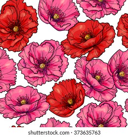 Red and pink beautiful poppies. Vector seamless pattern