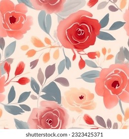 Red Pink Beige French Grey Colorful Roses Floral Watercolor Seamless Pattern Wallpaper Background Vector
