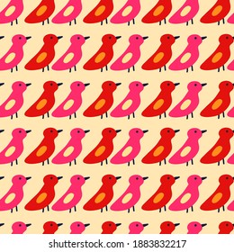 Red and pink birds are large. The pattern is Swedish, Scandinavian simple with birds. For textiles, background, packaging paper, fabric, wallpaper.