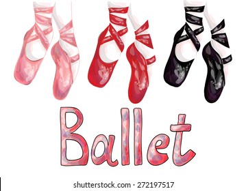 Red, Pink And Black Ballet Pointe Shoes. Vector Illustration