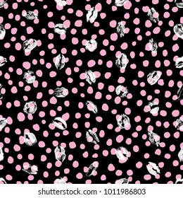 Red pink black lips seamless pattern on pop up grunge brush background. Girls lips prints stain. Vector.