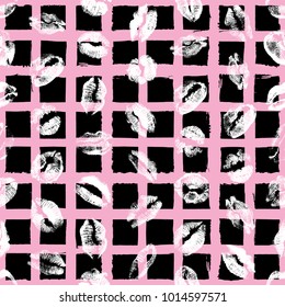 Red pink black lips seamless pattern on pop up grunge brush background. Girls lips prints stain. Vector.