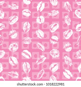 Red pink black lips seamless pattern on pop up grunge brush background. Girls lips prints stain. Vector.