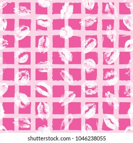 Red pink black lips seamless pattern on pop up grunge brush background. Girls lips prints stain. Vector.