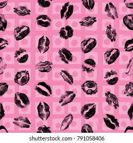 Red pink black lips seamless pattern on pop up grunge brush background. Girls lips prints stain. Vector.