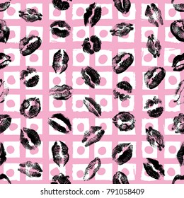Red pink black lips seamless pattern on pop up grunge brush background. Girls lips prints stain. Vector.