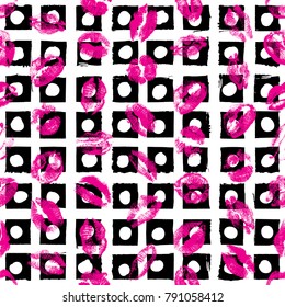 Red pink black lips seamless pattern on pop up grunge brush background. Girls lips prints stain. Vector.